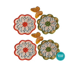 Cream Flower Crochet Coasters with Colored Border